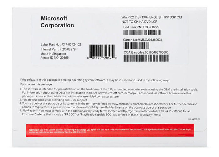 Windows 7 Pro COA Sticker، Microsoft Win 7 Pro الإصدار الكامل 3264bit DVD OEM Pack